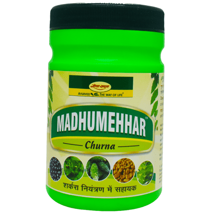 Seva Sadan Madhumehhar Churna, Ayurvedic herbal powder in a resealable packet, used for managing diabetes symptoms.