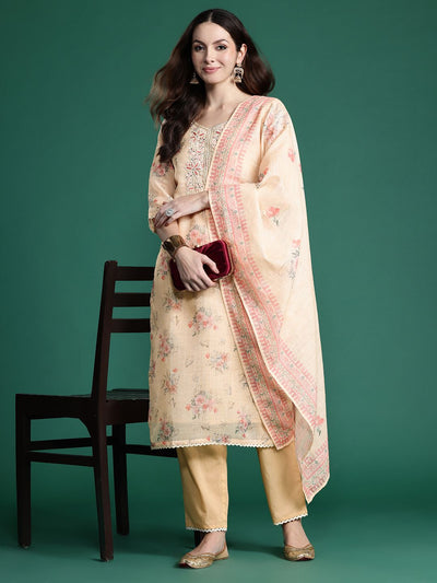Indyancart IE Floral Embroidered Sequinned Linen Kurta with Trousers & With Dupatta