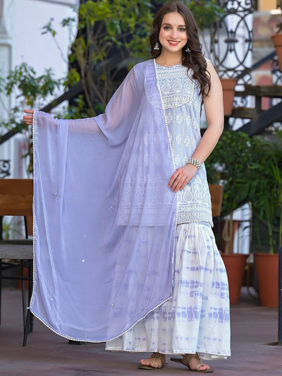Indyancart VA Women'sThread Work Embroidered Straight Kurta With Sharara & Dupatta