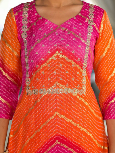 Indyancart VA Women'sBandhani Printed Regular Gotta Patti Kurta with Trousers & With Dupatta