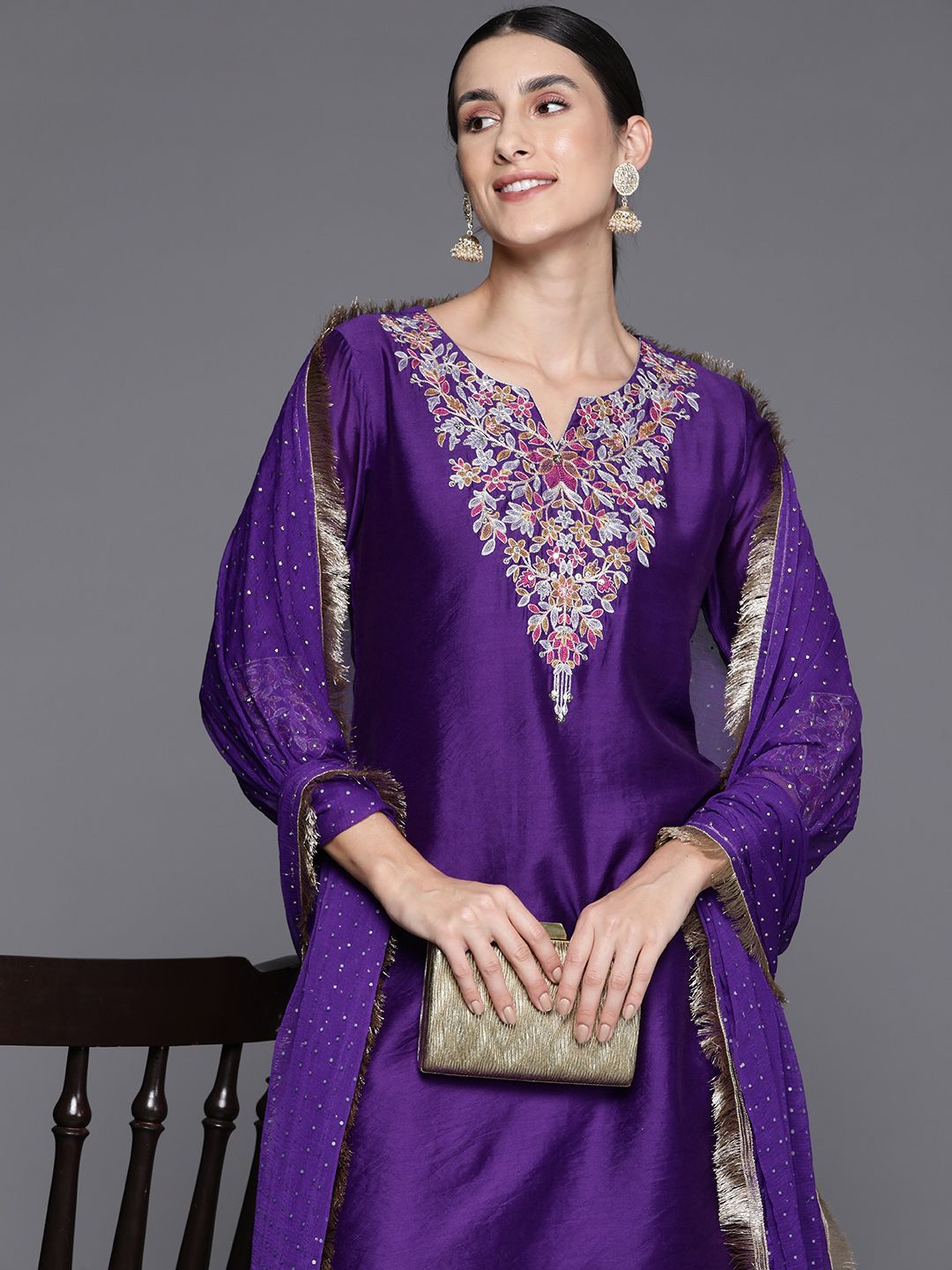 Indyancart VA Women Floral Yoke Design Sequinned Chanderi Silk Kurta with Palazzos & Dupatta