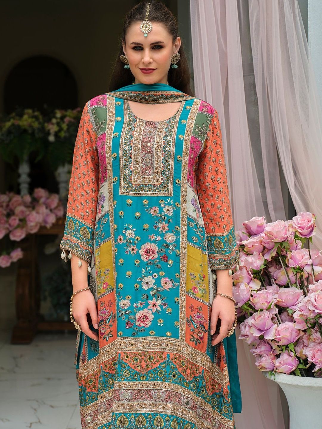 Women Floral Print Mirror Work Pure Silk Kurta with Palazzos & Dupatta