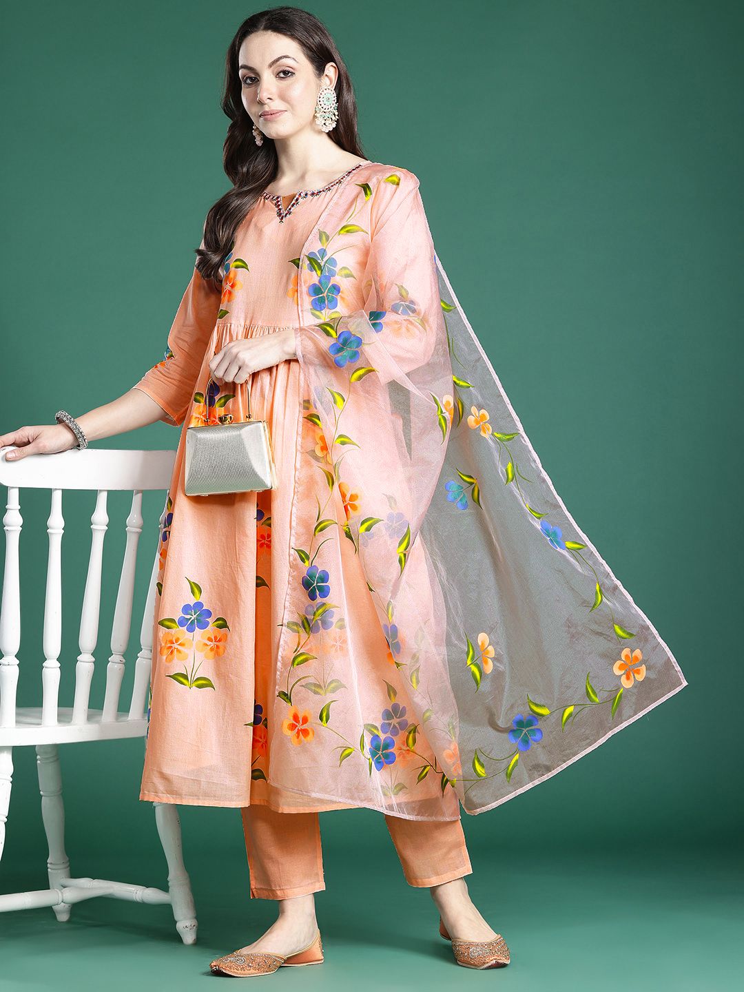 Floral Embroidered Mirror Work Pure Cotton Kurta with Trousers & Dupatta
