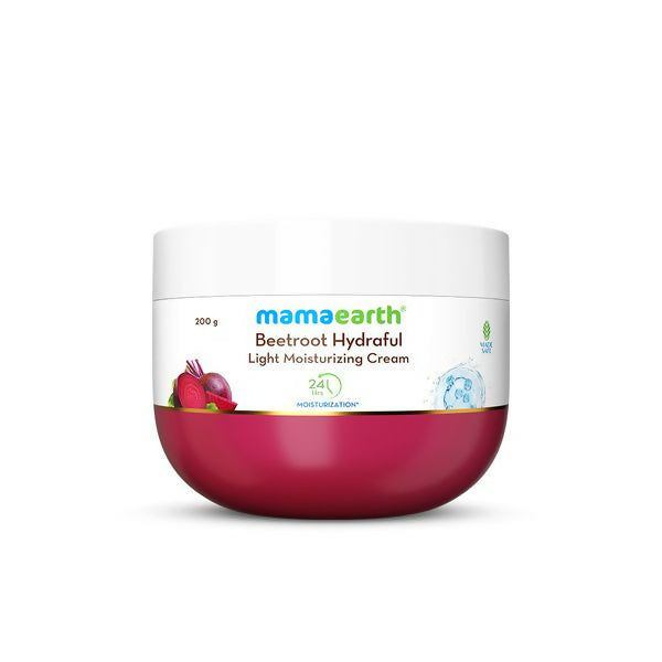Mamaearth Beetroot Hydraful Light Moisturizing Cream with beetroot and hyaluronic acid, showing the pink-glow face cream in a jar.