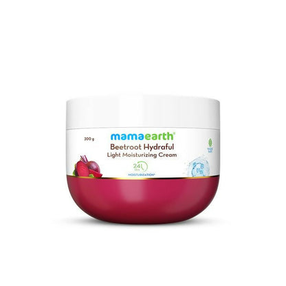 Mamaearth Beetroot Hydraful Light Moisturizing Cream with beetroot and hyaluronic acid, showing the pink-glow face cream in a jar.