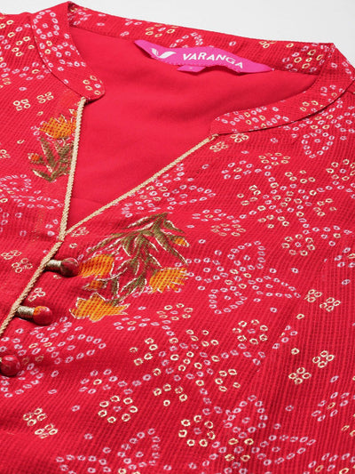 Indyancart VA Women'sRed Bandhani printed A line Kurta with Trouser and Dupatta