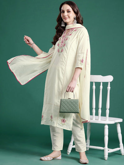 Indyancart IE Floral Embroidered Pure Cotton Kurta with Trousers & Dupatta
