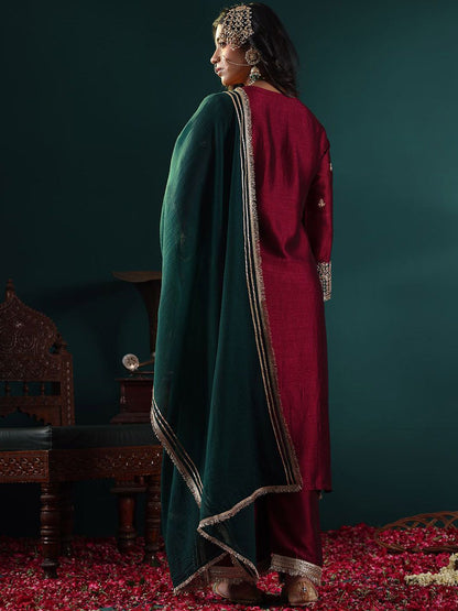 Indyancart VA Women'sMaroon Floral Embroidered Sequinned Straight Kurta with Palazzos & Dupatta