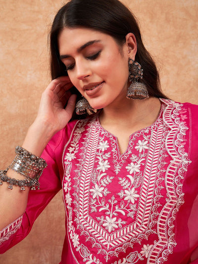 Indyancart IE Floral Embroidered Regular Thread Work Liva Kurta with Trousers & Dupatta