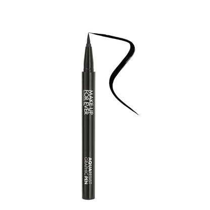 Make Up For Ever Aqua Resist Graphic Pen in black, shown with the pen tip and sleek black packaging.
