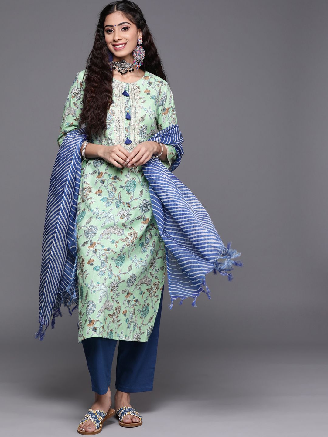 Indyancart VA Women's Blue Pure Cotton Floral Printed Sequinned Kurta with Trousers & With Dupatta