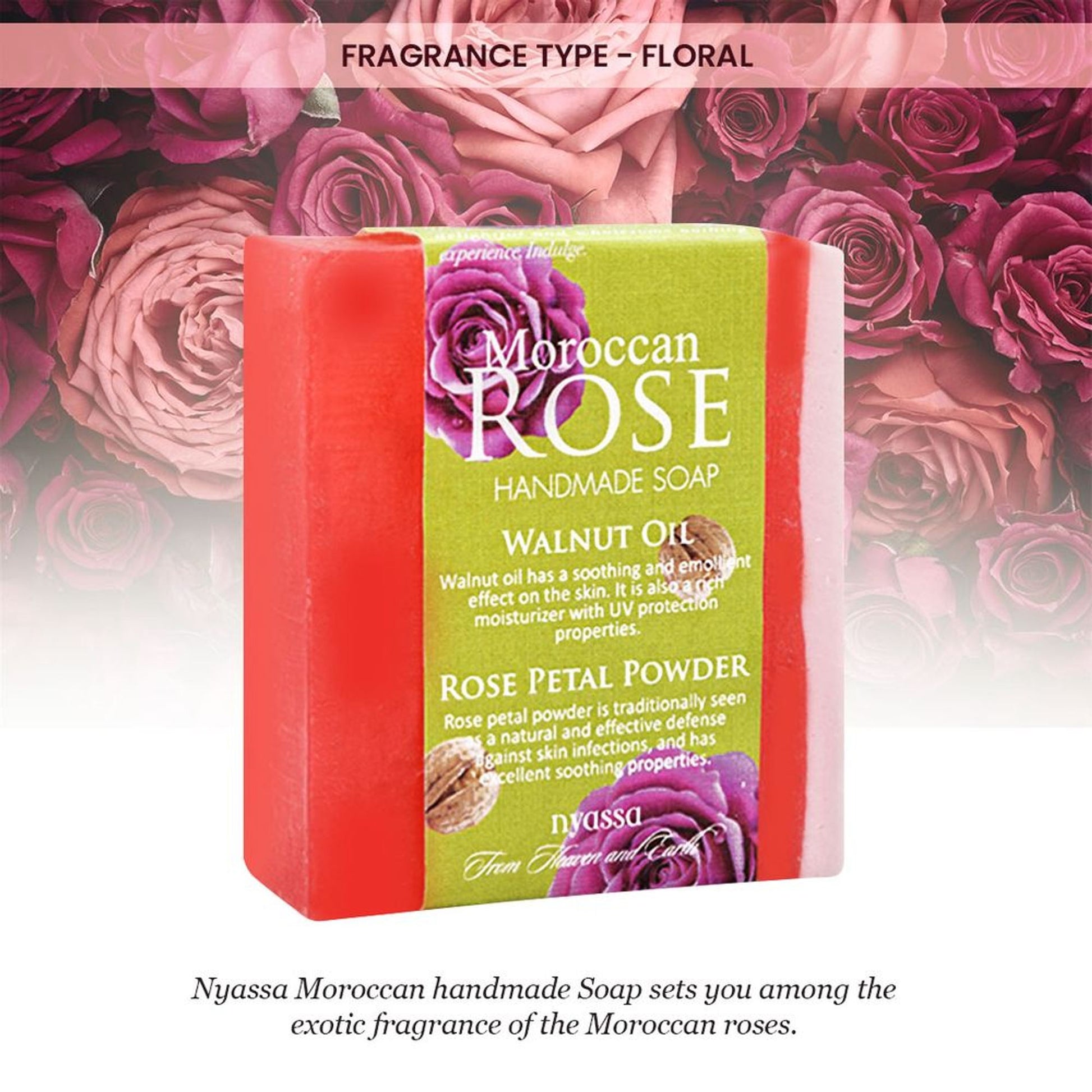 Nyassa Moroccan Rose Soap | Walnut Oil & Rose Powder | Floral Fragrance | 150g