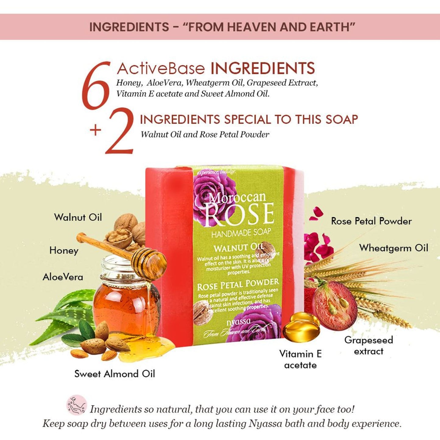 Nyassa Moroccan Rose Soap | Walnut Oil & Rose Powder | Floral Fragrance | 150g