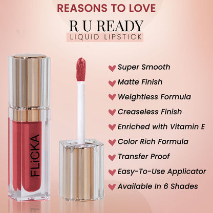 FLiCKA Flicka Ru Ready liquid matte lipstick in shade 06 Oatmeal, showing smooth, lightweight application and natural finish.