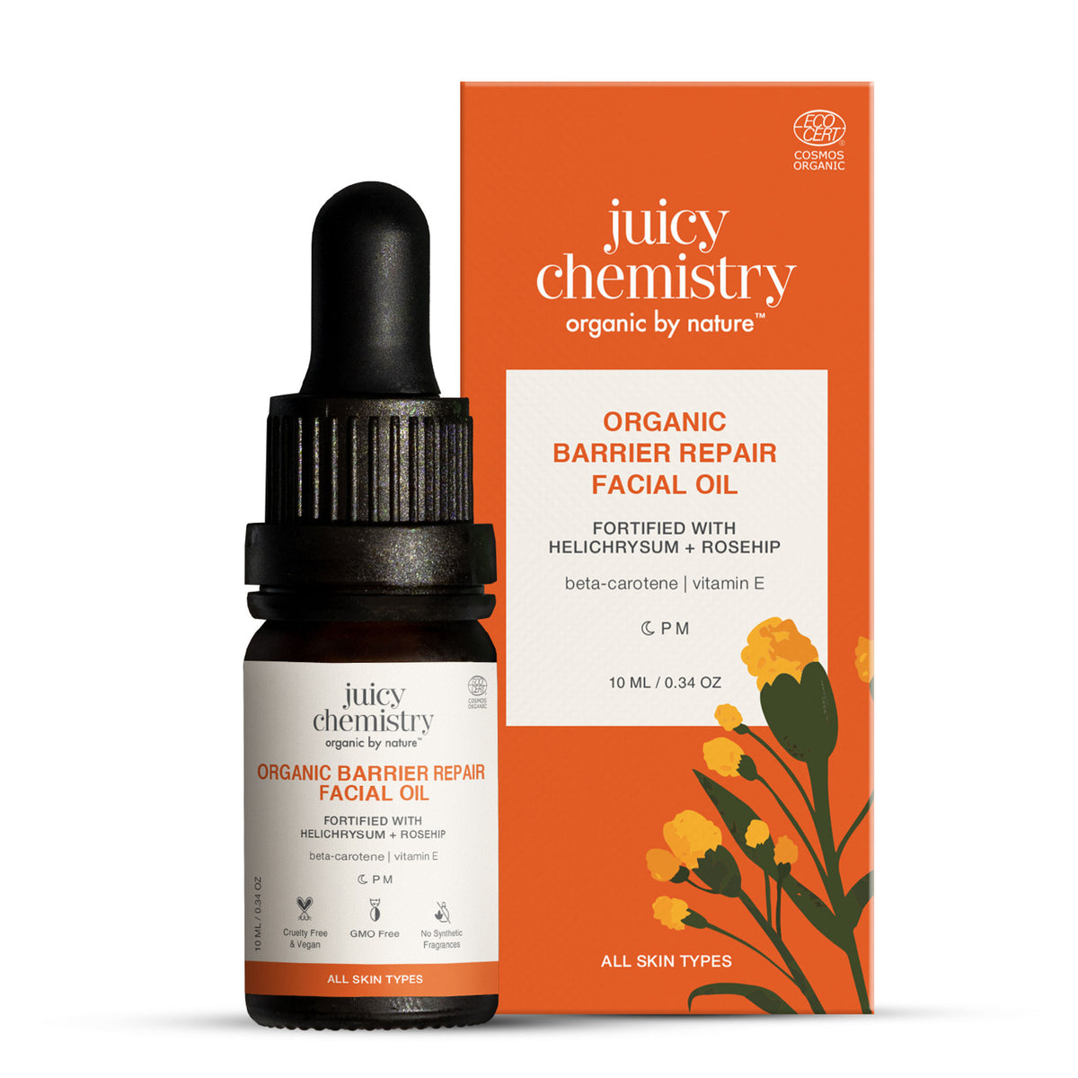 Juicy Chemistry Helichrysum and Rosehip facial oil for anti-scarring and pigmentation control, with natural botanical ingredients.