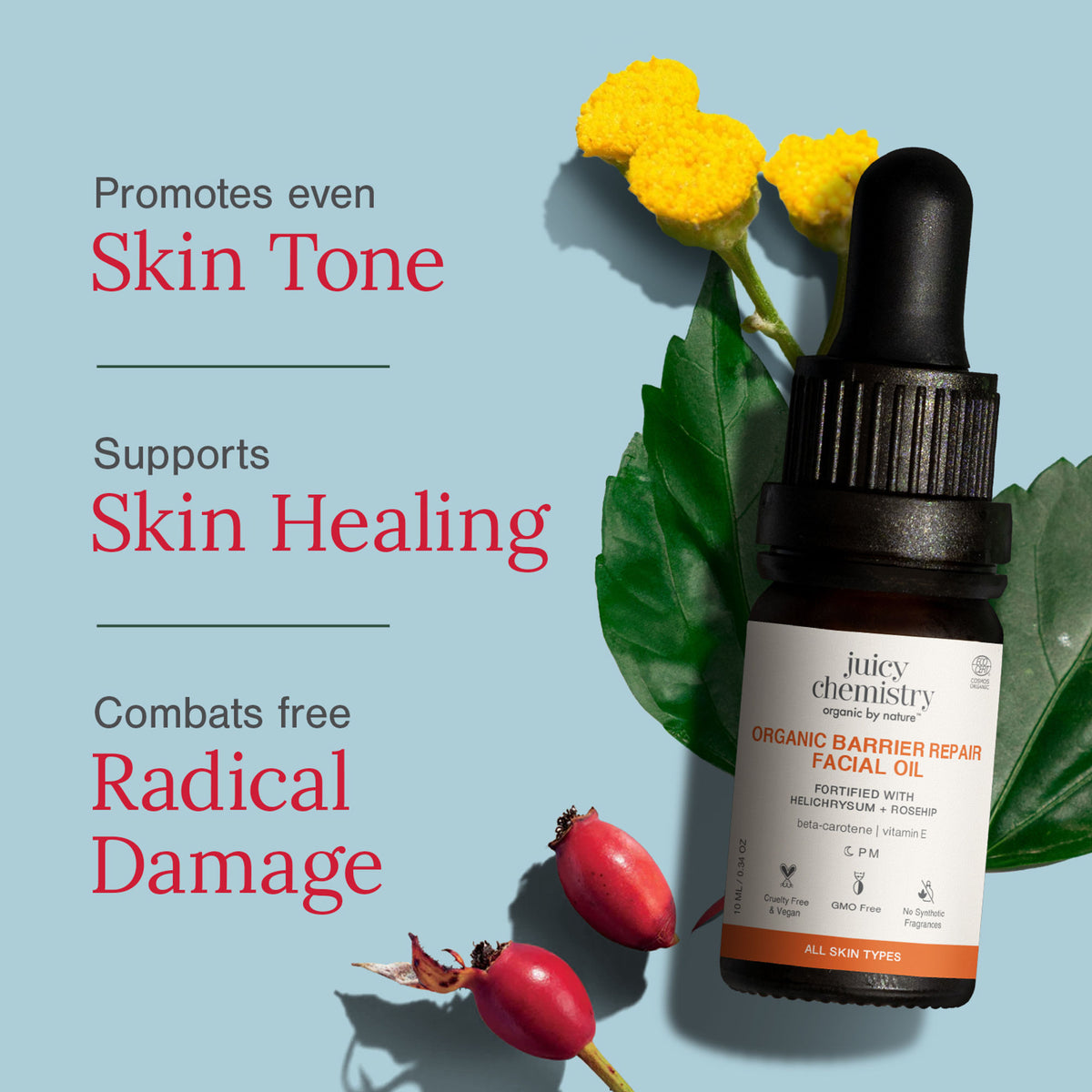 Juicy Chemistry Helichrysum and Rosehip facial oil for anti-scarring and pigmentation control, shown in a glass bottle with dropper.