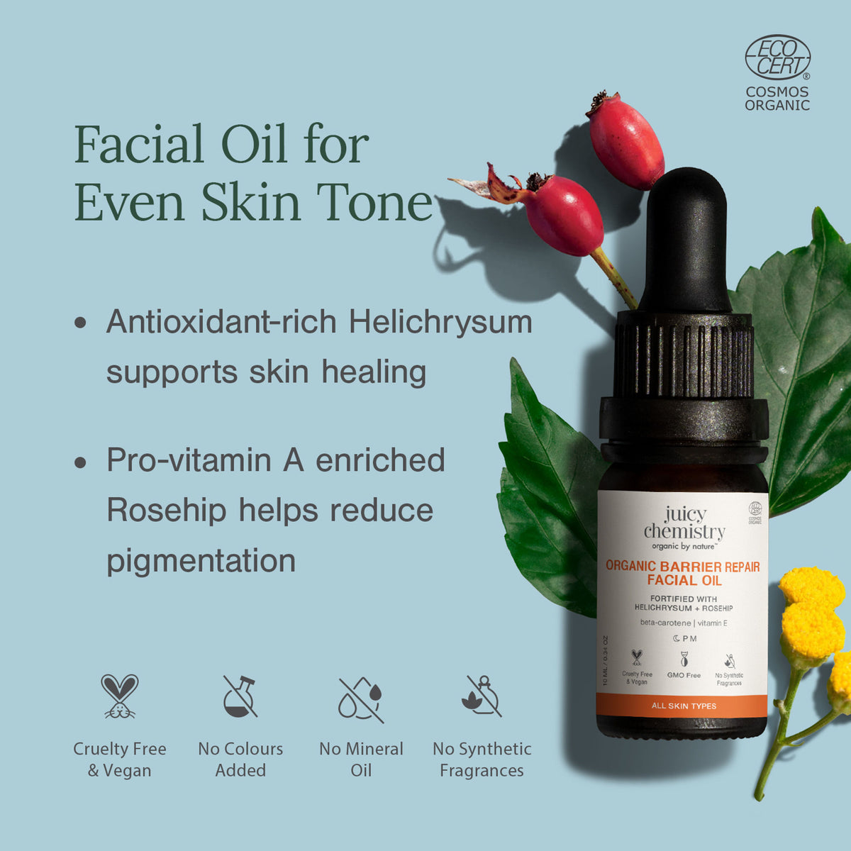 Juicy Chemistry Helichrysum and Rosehip facial oil for anti-scarring and pigmentation control, with natural botanical ingredients.