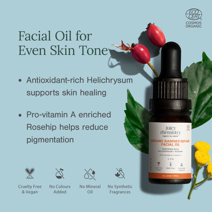Juicy Chemistry Helichrysum and Rosehip facial oil for anti-scarring and pigmentation control, with natural botanical ingredients.