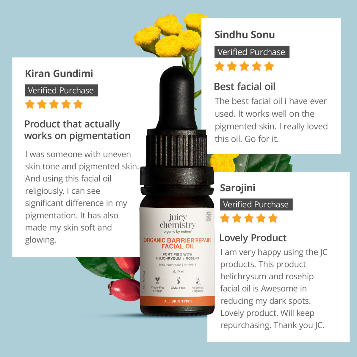 Juicy Chemistry Helichrysum and Rosehip facial oil for anti-scarring and pigmentation control, showing a glass bottle with dropper.