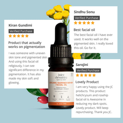 Juicy Chemistry Helichrysum and Rosehip facial oil for anti-scarring and pigmentation control, showing a glass bottle with dropper.