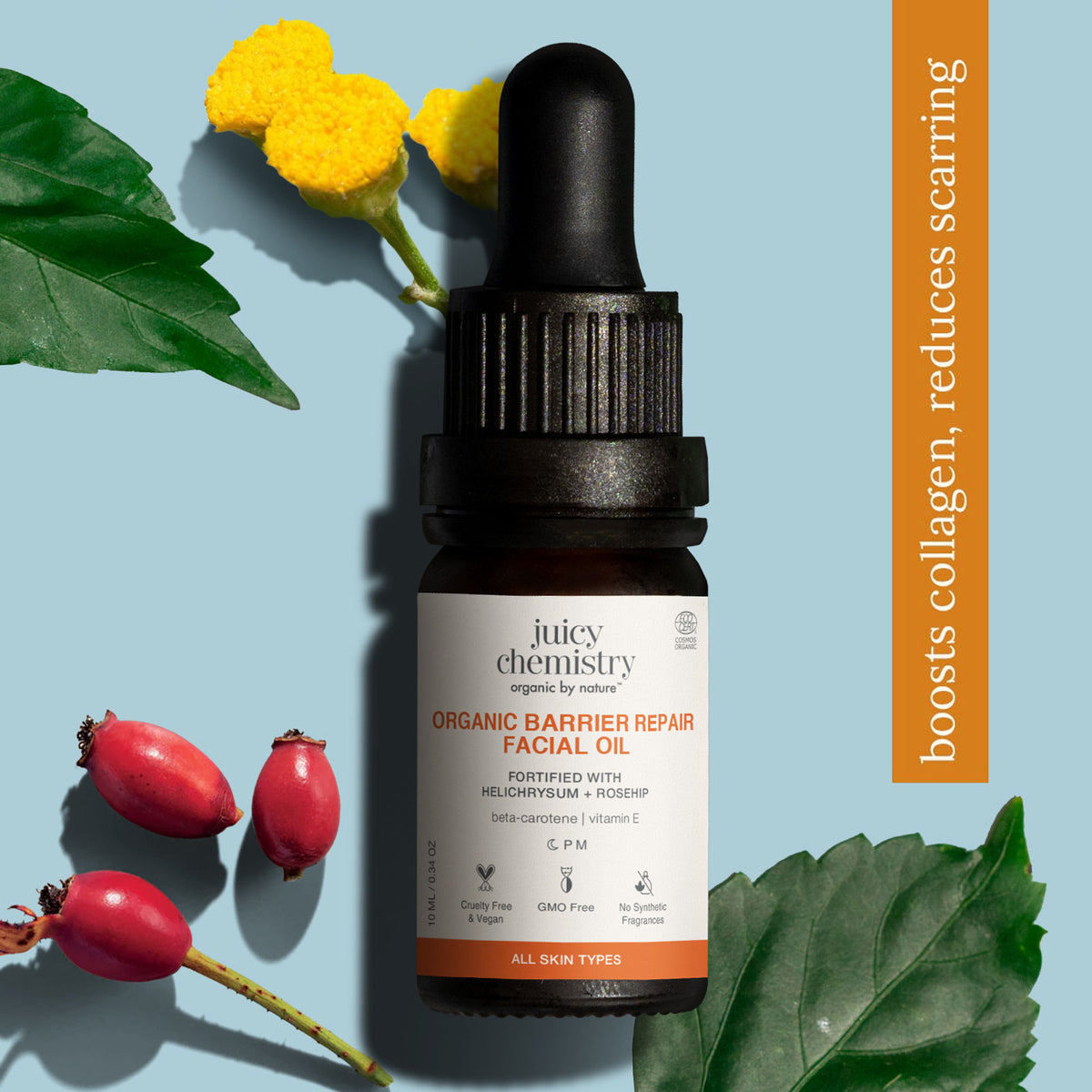 Juicy Chemistry Helichrysum and Rosehip facial oil for anti-scarring and pigmentation control, with natural plant-based ingredients.