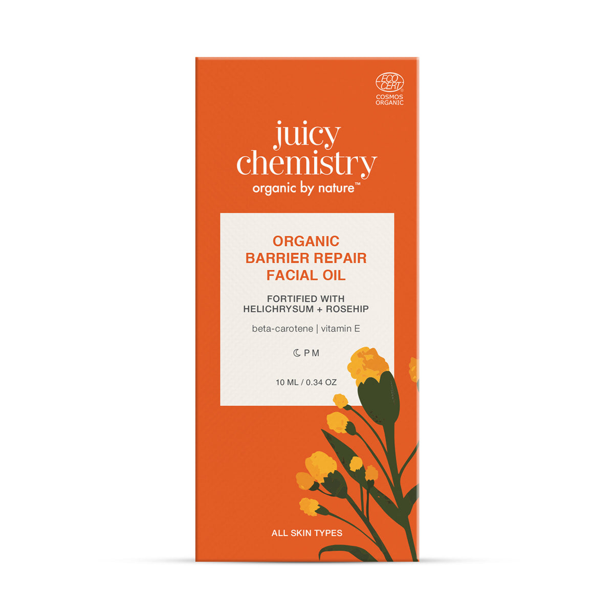 Juicy Chemistry Helichrysum and Rosehip facial oil for anti-scarring and pigmentation control, shown in a glass bottle with dropper.