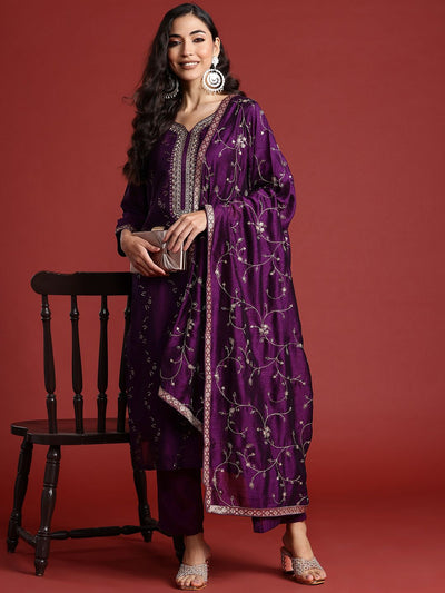 Indyancart IE Floral Embroidered Sequinned Kurta With Trousers & Dupatta