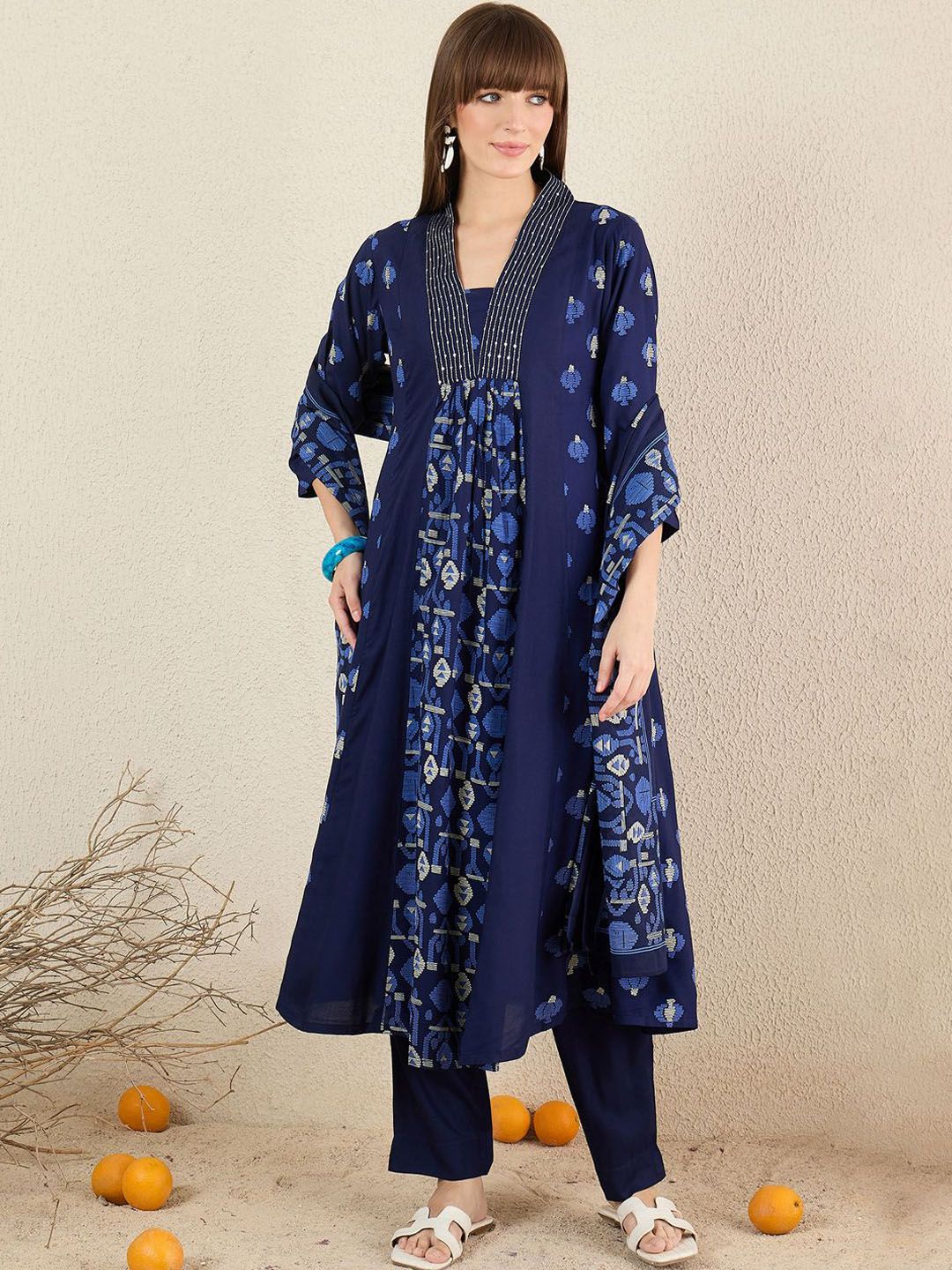 Indyancart IE Women Quirky Printed Cotton Kurta with Trousers & Dupatta