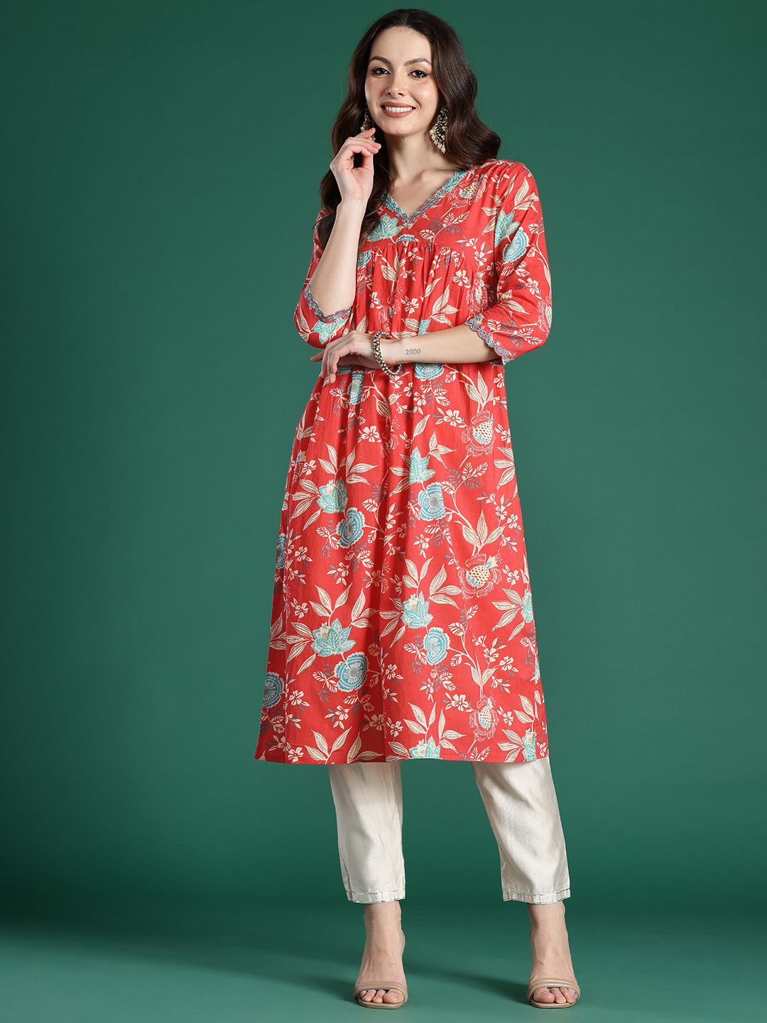 Indyancart IE Floral Printed Pure Cotton Kurta