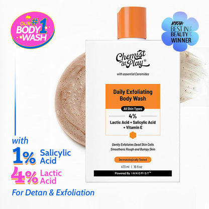 Chemist At Play Exfoliating Body Wash with 4% Lactic Acid, Salicylic Acid & Vit E, Treats Back Acne