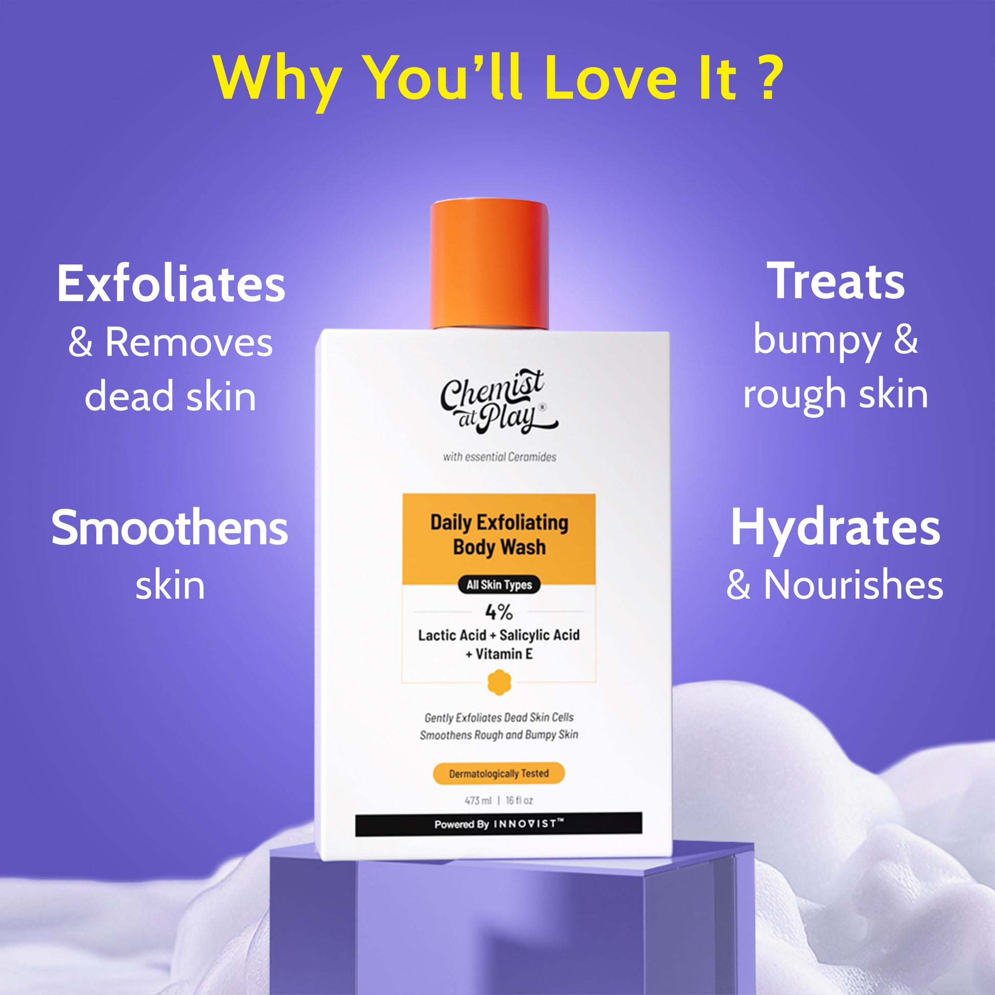 Chemist At Play Exfoliating Body Wash with 4% Lactic Acid, Salicylic Acid & Vit E, Treats Back Acne