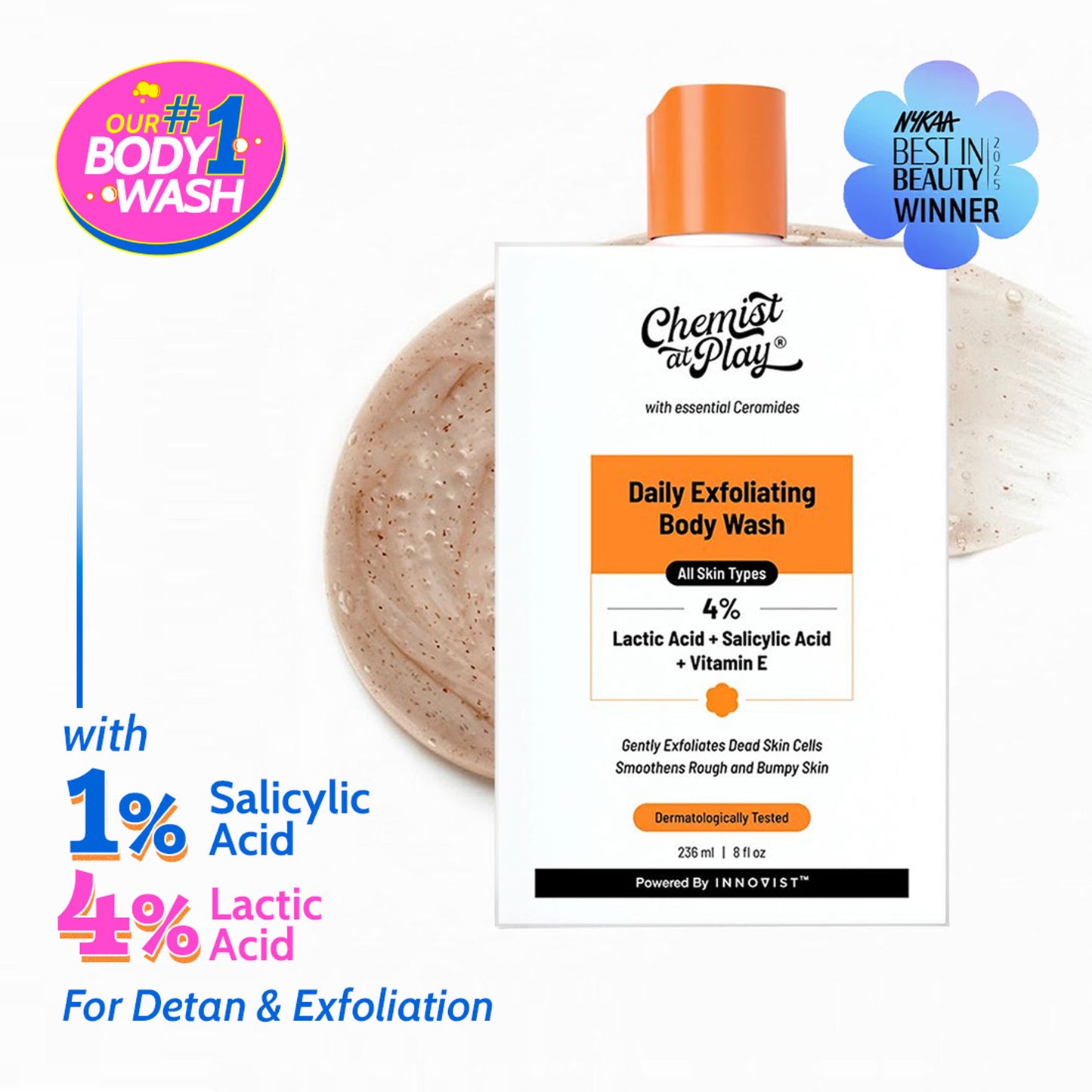 Chemist At Play Exfoliating Body Wash with 4% Lactic Acid, Salicylic Acid & Vit E, Treats Back Acne