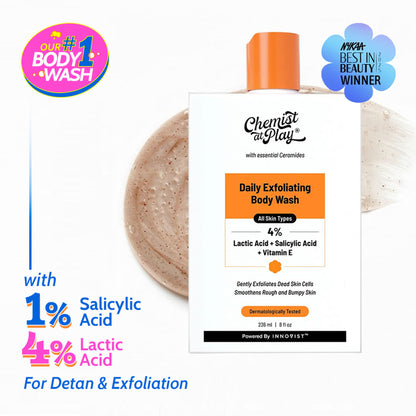 Chemist At Play Exfoliating Body Wash with 4% Lactic Acid, Salicylic Acid & Vit E, Treats Back Acne