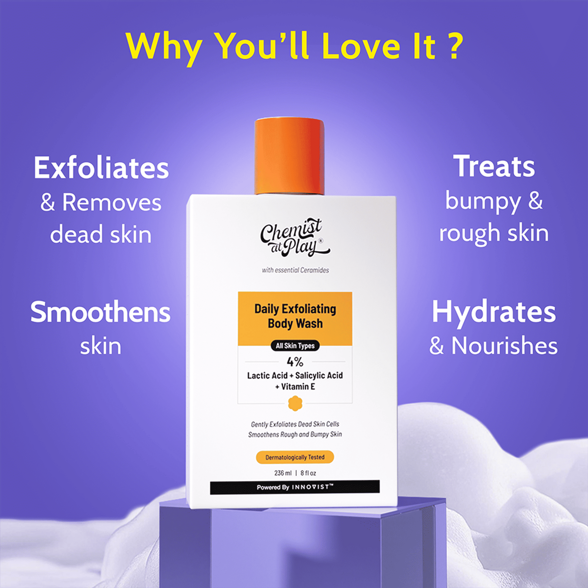Chemist At Play Exfoliating Body Wash with 4% Lactic Acid, Salicylic Acid & Vit E, Treats Back Acne