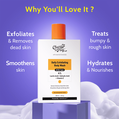 Chemist At Play Exfoliating Body Wash with 4% Lactic Acid, Salicylic Acid & Vit E, Treats Back Acne