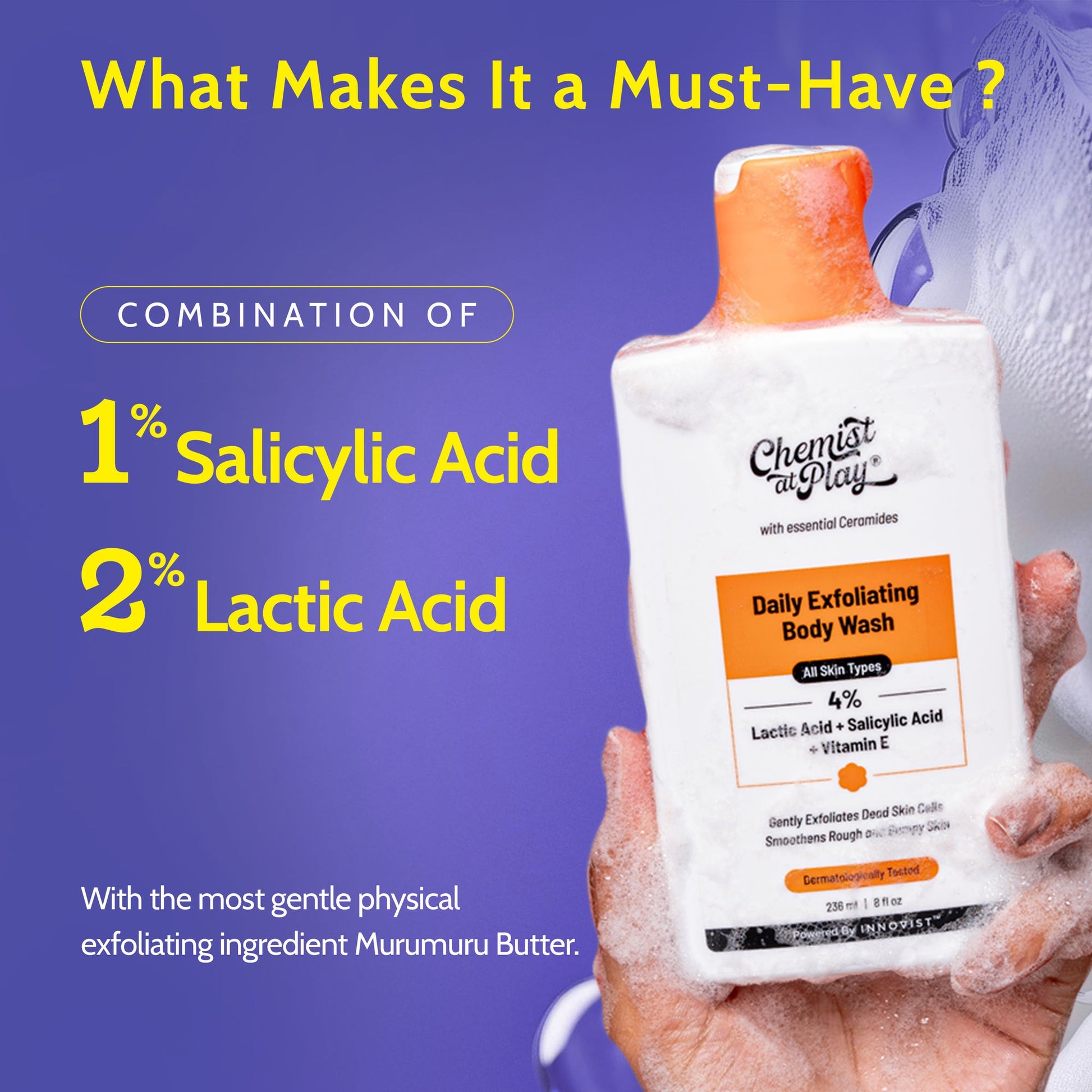 Chemist At Play Exfoliating Body Wash with 4% Lactic Acid, Salicylic Acid & Vit E, Treats Back Acne