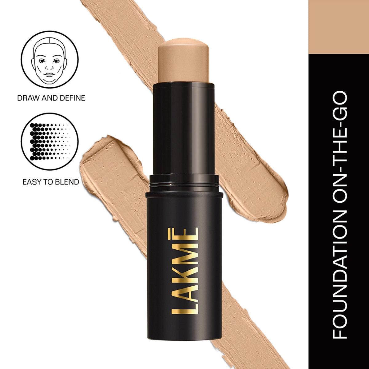 Lakme Facelift Foundation Stick in Warm Natural shade, showing the product with its sleek packaging and foundation stick applicator.