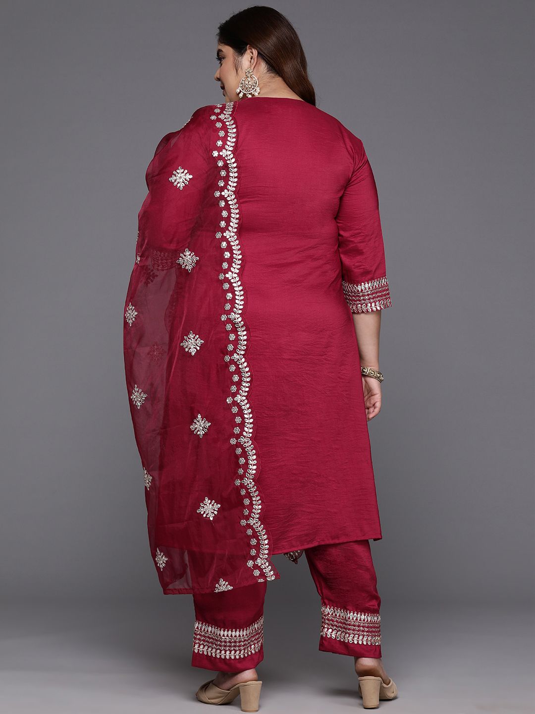 Indyancart Women's Plus Size Ethnic Motifs Embroidered Gotta Patti Kurta with Trousers & Dupatta