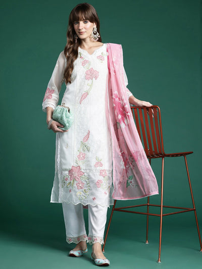 Indyancart IE Women Floral Embroidered Panelled Thread Work Kurta With Trousers & Dupatta