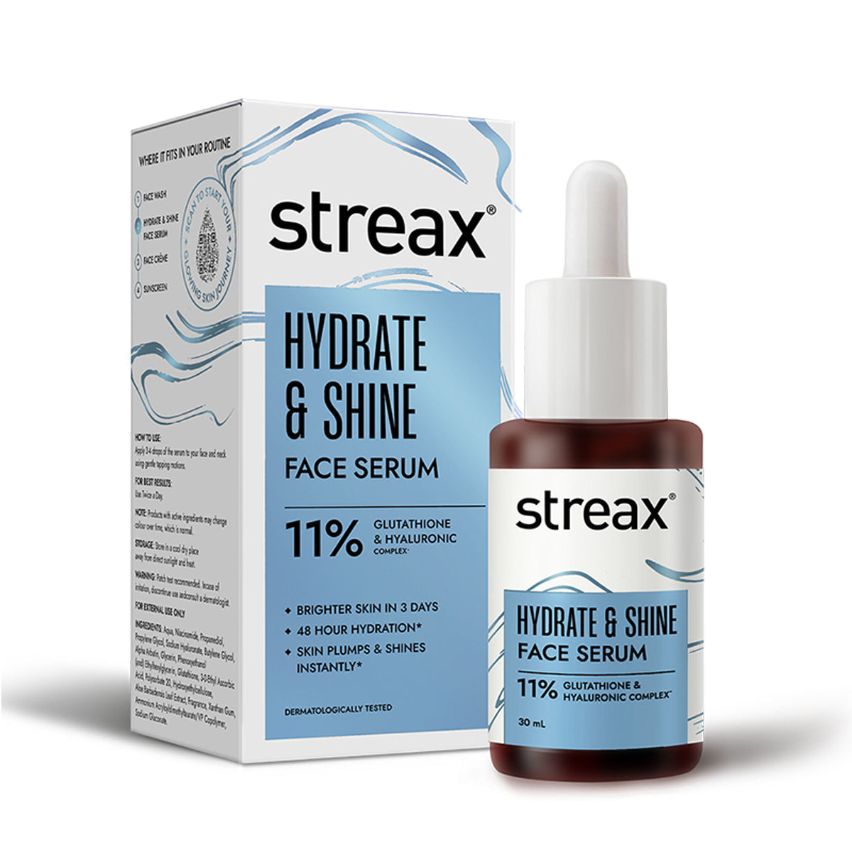 Streax Hydrate & Shine Face Serum With 11% Hyaluronic Acid Complex For Brightening, 48 Hr Hydration
