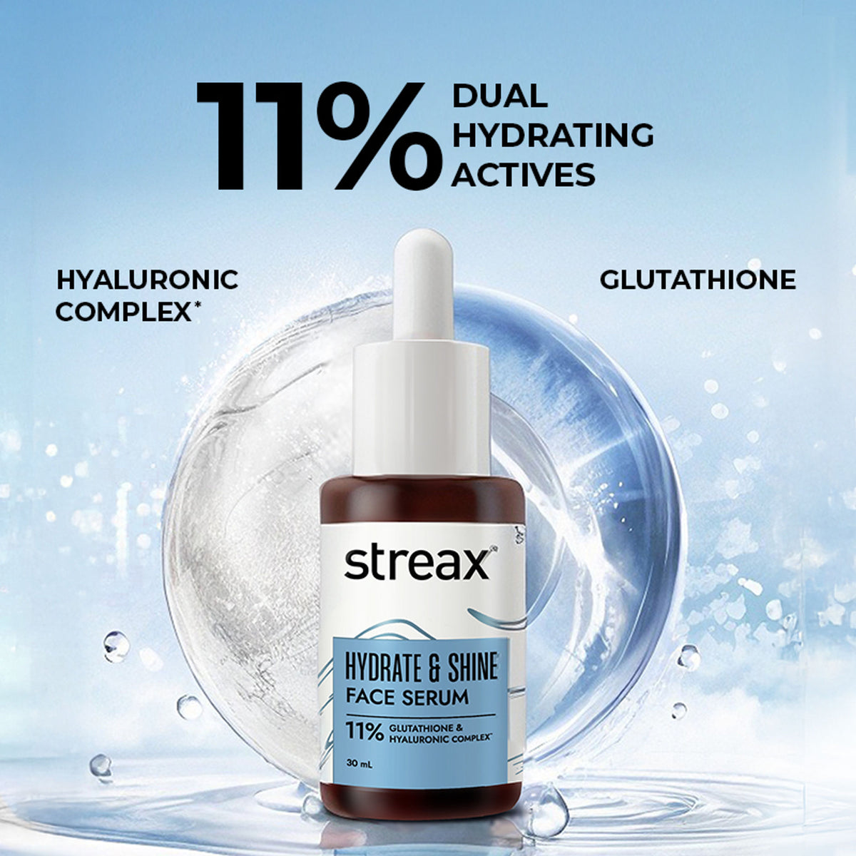 Streax Hydrate & Shine Face Serum With 11% Hyaluronic Acid Complex For Brightening, 48 Hr Hydration