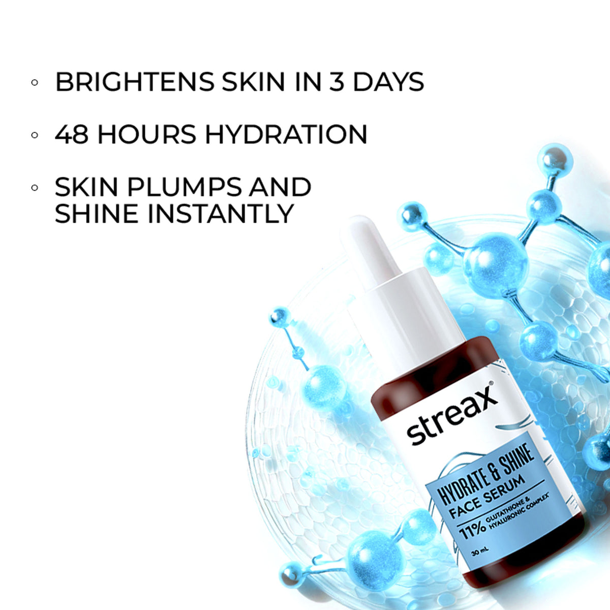 Streax Hydrate & Shine Face Serum With 11% Hyaluronic Acid Complex For Brightening, 48 Hr Hydration