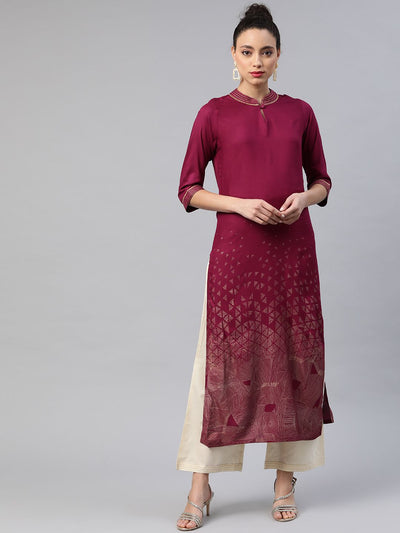Indyancart IE Women Purple & Golden Foil Printed Straight Kurta