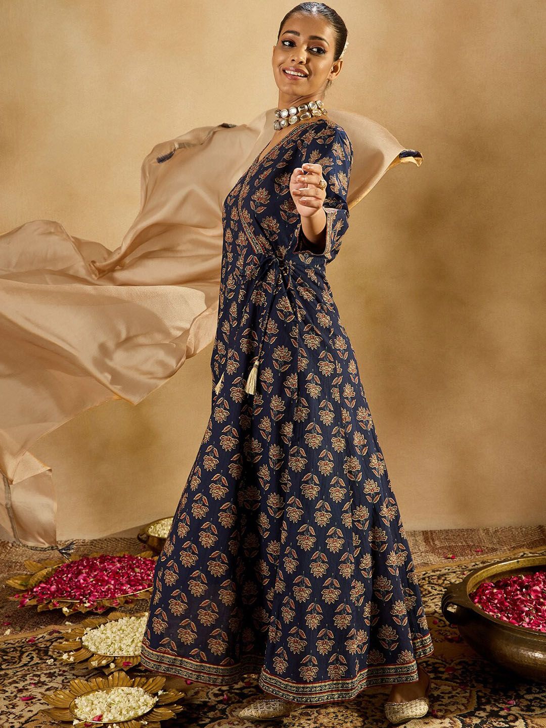Indyancart IE Floral Printed Angrakha Mirror Work Pure Cotton A-Line Kurta & Trousers & Dupatta