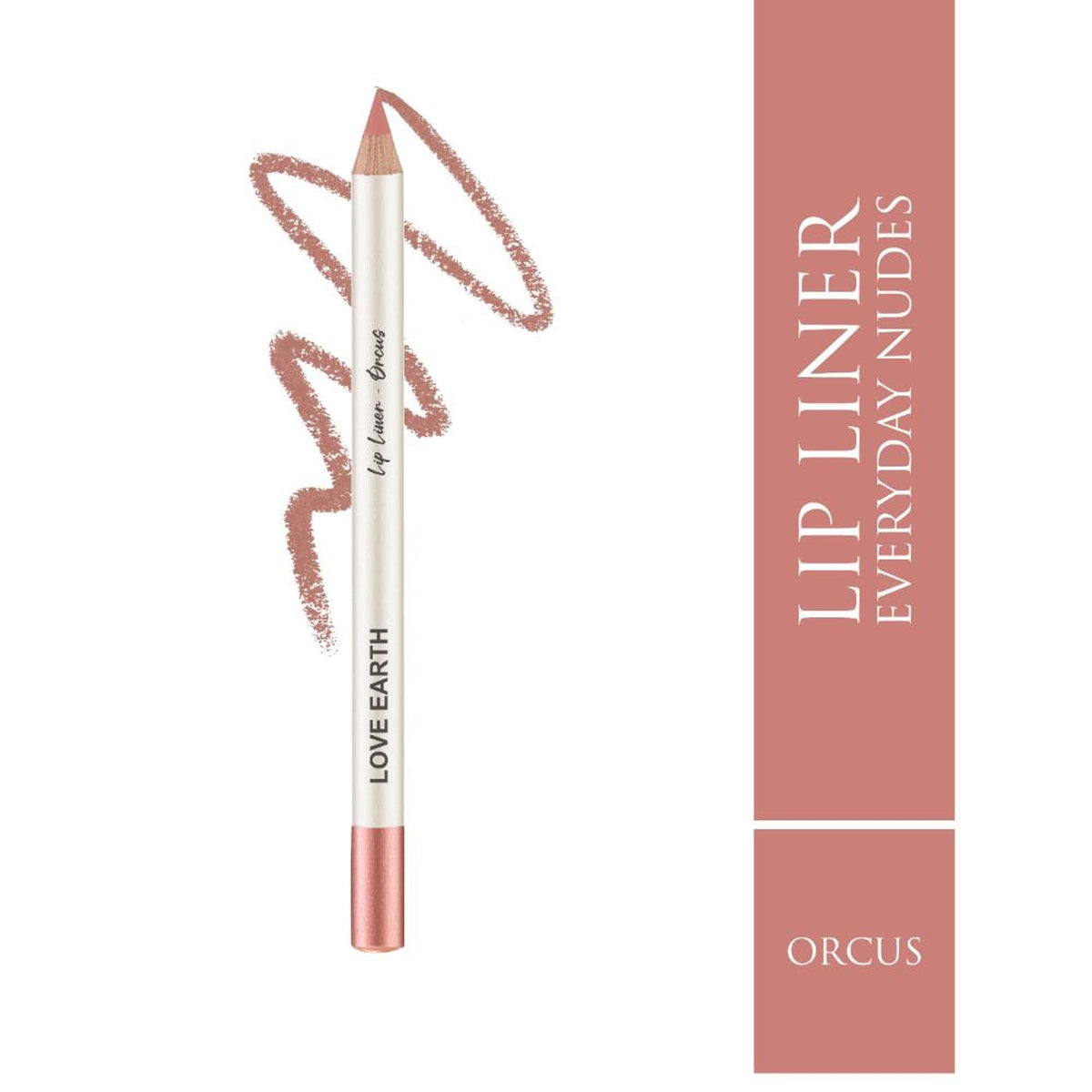 Love Earth Lip Liner in Everyday Nudes, Orcus, with a close-up of the nude-colored pencil and its smooth texture.