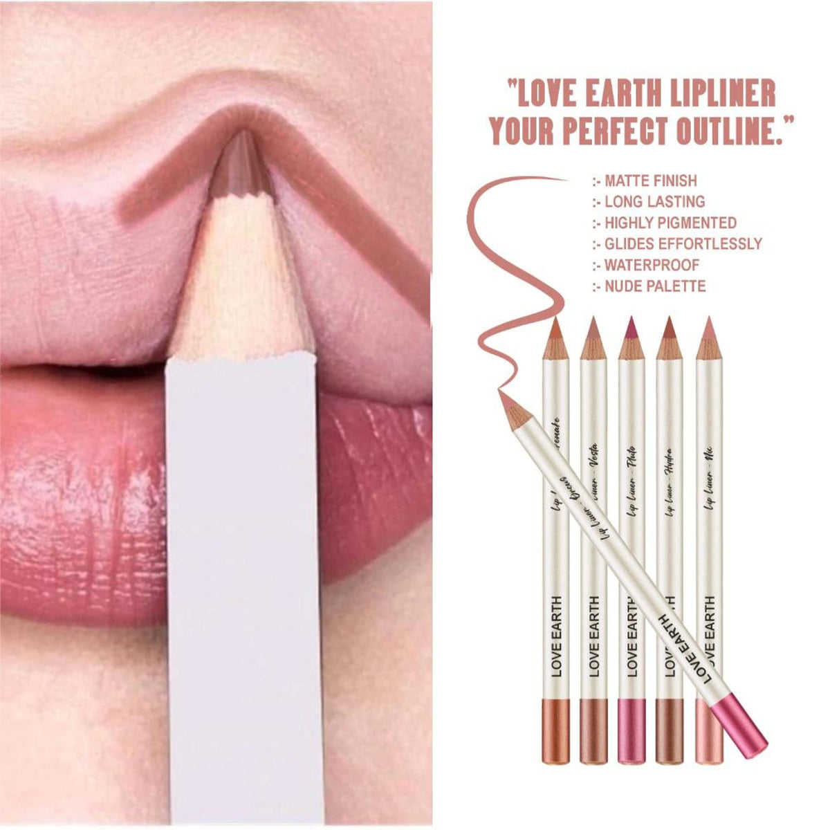 Love Earth Lip Liner in Everyday Nudes by Love Earth, showcasing the nude-colored pencil with a sharp tip for precise application.