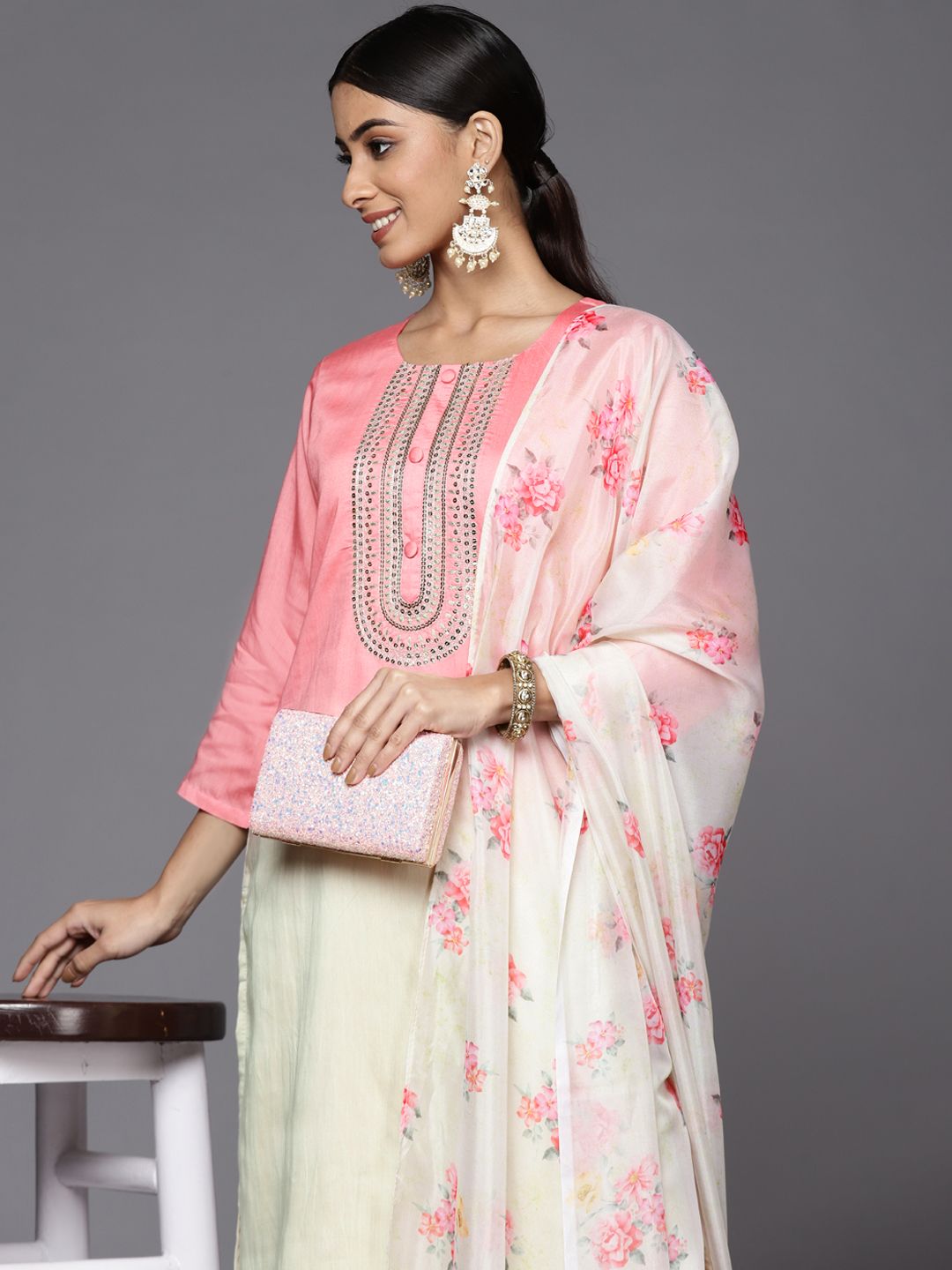 Indyancart VA Women's Pink Ombre Printed Sequinned Kurta with Trousers & With Dupatta