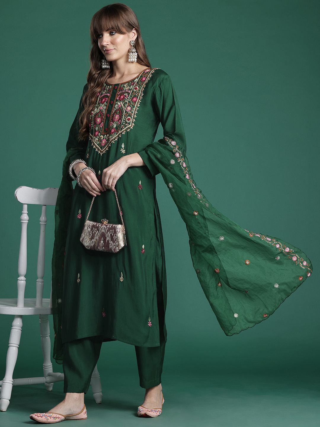 Floral Embroidered Thread Work Kurta with Trousers & With Dupatta