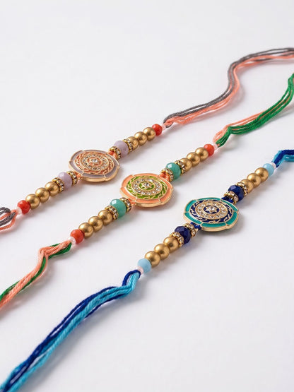 Anouk Set Of 3 Floral Design Multicolor Artificial Beads Thread Rakhi With Roli Chawal
