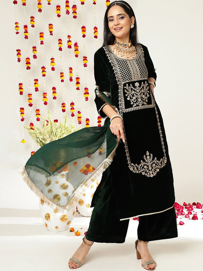 Indyancart VA Green Ethnic Motifs Embroidered Velvet Straight Kurta & Palazzos With Dupatta